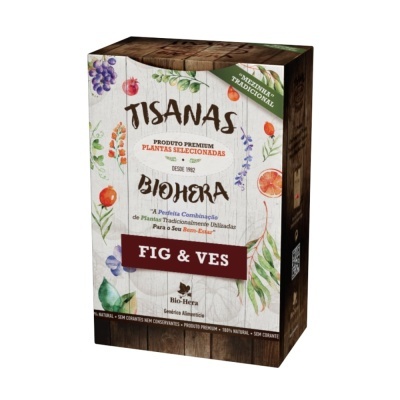 Caixa de tisanas BioHera com ilustrações de plantas, frutas e texto Fig & Ves