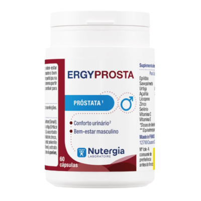 Frasco branco de suplemento alimentar ERGYPROSTA para próstata com texto em português