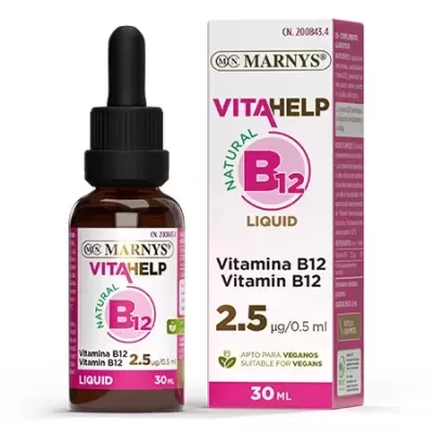 Frasco e caixa do suplemento Vitamina B12 natural líquido Marnys VITAHELP 30 ml