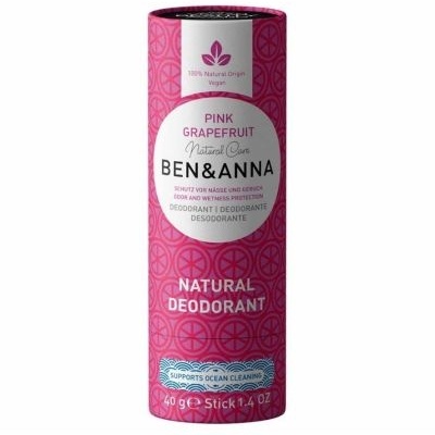 Desodorizante natural Ben & Anna Pink Grapefruit em embalagem rosa cilíndrica