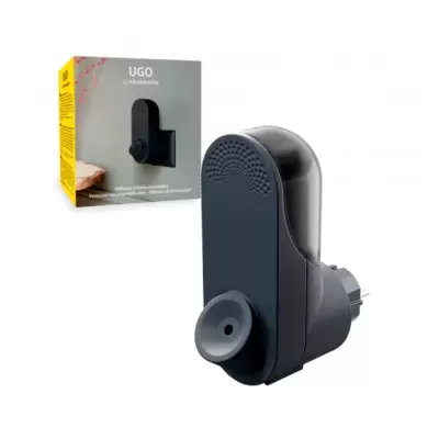 Difusor elétrico de ambiente preto com embalagem cinzenta e amarela