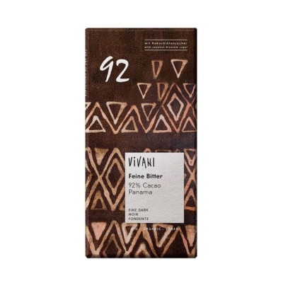 Barra de chocolate Vivani Feine Bitter 92% cacau Panamá com embalagem geométrica castanha e bege