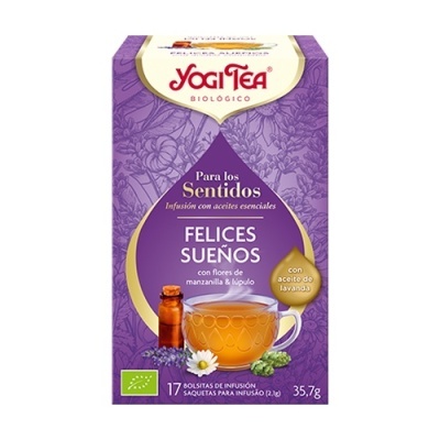 Embalagem roxa de chá Yogi Tea Felices Sueños com 17 saquetas