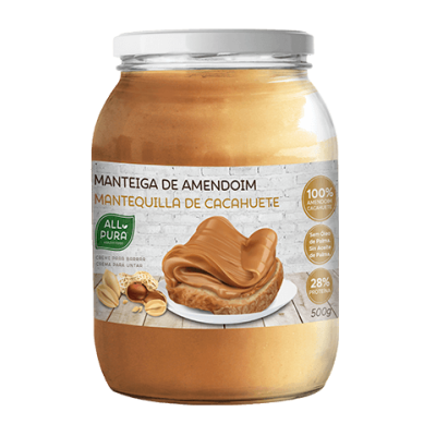 Frasco de manteiga de amendoim com rótulo branco e imagem de pasta sobre pão.