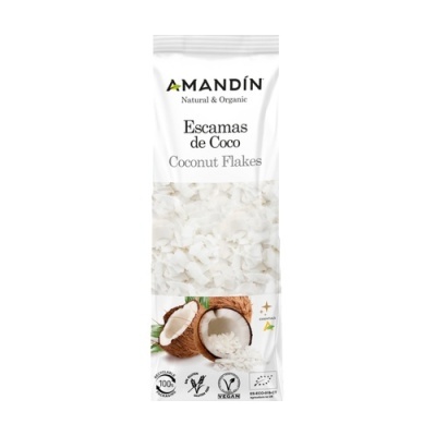 Pacote branco de escamas de coco Amandin com texto e ícones de certificação