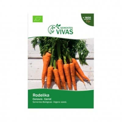 Pacote de sementes orgânicas para cenoura Rodelika da Sementes Vivas com imagem de cenouras frescas