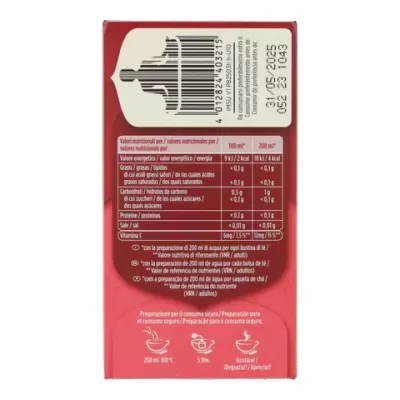 Embalagem vermelha com texto nutricional e instruções para chá