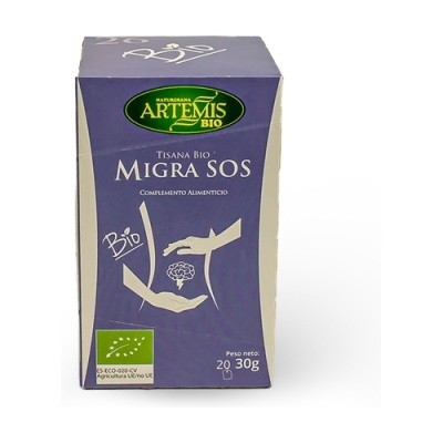 Caixa roxa de tisana biológica 'Migra SOS' Artemís Bio com texto e símbolos biológicos