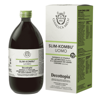 Embalagem de Slim-Kombu Uomo Decottopia com garrafa escura e caixa branca e verde