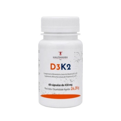 Frasco branco de suplemento alimentar Hausmann Tec D3K2 com 60 cápsulas