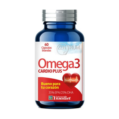 Frasco azul de suplemento Omega3 Cardio Plus com rótulo vermelho e branco
