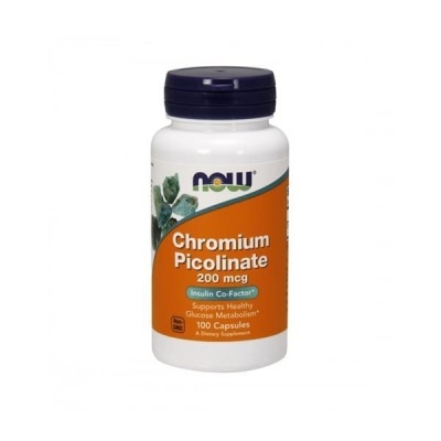 Frasco de suplemento Chromium Picolinate 200 mcg da NOW com rótulo laranja e tampa azul