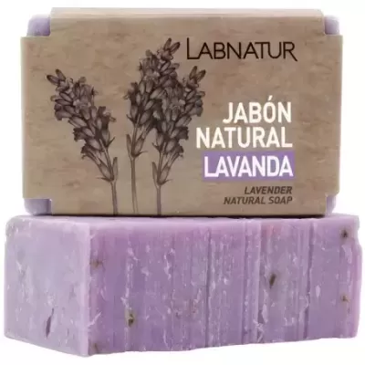 Sabonete de lavanda natural roxo com embalagem de papel castanho