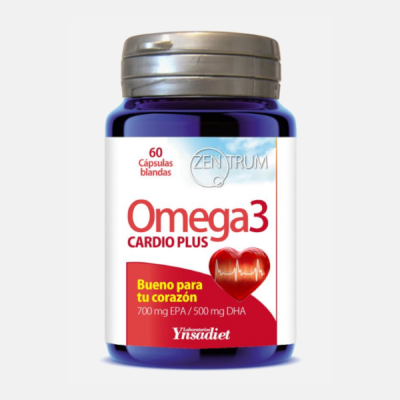 frasco azul do suplemento Omega 3 Cardio Plus com rótulo branco e vermelho