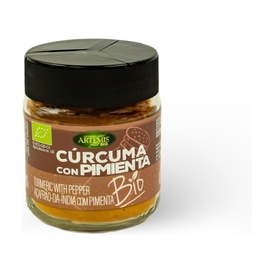 Frasco de cúrcuma com pimenta Artemis Bio com rótulo castanho