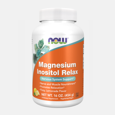 Frasco de suplemento Magnesium Inositol Relax com rótulo laranja e branco