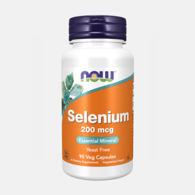 Frasco de suplemento NOW Selenium 200 mcg com tampa roxa