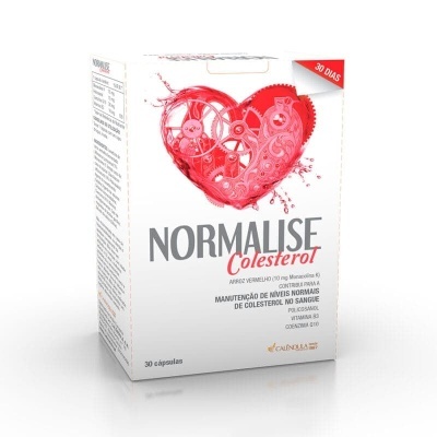 Caixa branca de suplemento NORMALISE Colesterol com coração mecânico vermelho