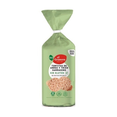 Embalagem verde clara de tostas de arroz e trigo sarraceno bio el Granero