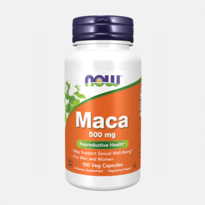 Frasco de suplemento NOW Maca 500 mg com rótulo laranja e verde