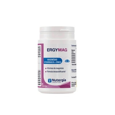 frasco branco de suplemento alimentar ERGYMAG da Nutergia com etiqueta roxa e azul