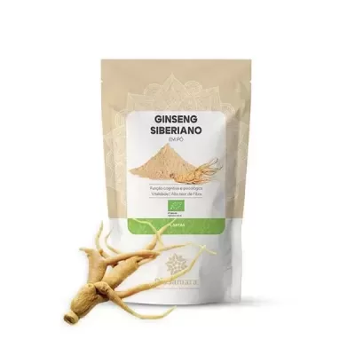 Embalagem de Ginseng Siberiano em pó com raízes de ginseng à frente