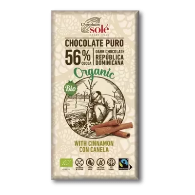 Embalagem de chocolate puro 56% cacau com canela orgânico da Chocolates Solé.