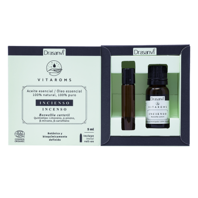 Frasco de óleo essencial de incenso da marca Drasanvi Vitaroms com embalagem branca.