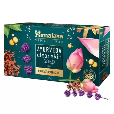 Embalaem de sabonete Ayurveda Clear Skin da Himalaya com design botânico