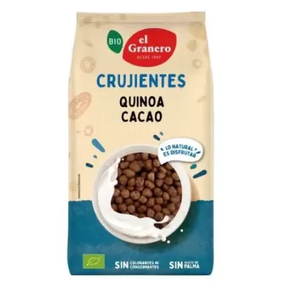 Embalagem de crujientes de quinoa e cacau da marca el Granero, com selo BIO em fundo bege e azul.