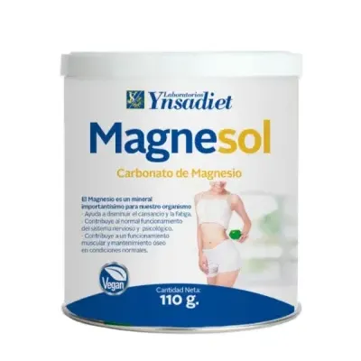 Embalagem branca do suplemento Magnesol Carbonato de Magnesio 110 g com texto e selo Vegan