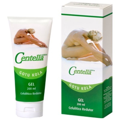 Gel Centella Gotu Kola 200 ml e caixa com imagem mulher sentada esticando pernas