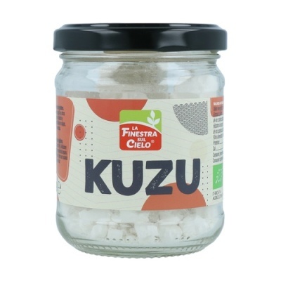 Frasco de vidro com produto Kuzu e rótulo colorido.