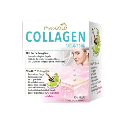 Embalagem do suplemento alimentar PhytoGOLD Collagen Radiant Skin com detalhes em azul e dourado