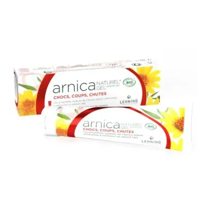 Gel Arnica Naturel com embalagem branca, vermelho, amarelo e flor amarela