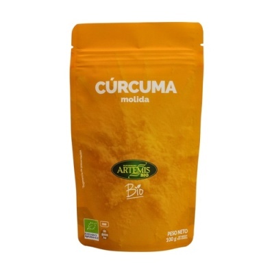Embalagem laranja de cúrcuma moída da marca Artemis Bio com 100 g