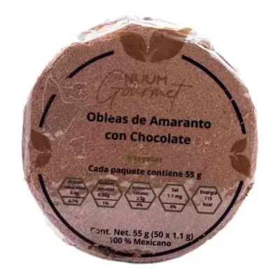 Pacote redondo de Obleas de Amaranto con Chocolate com embalagem transparente e texto impresso