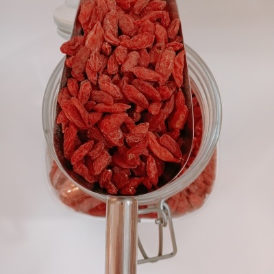 Colher metálica com bagas vermelhas secas e frasco de vidro ao fundo