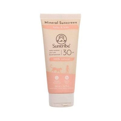 Tubo de protetor solar mineral Suntribe baby & kids SPF 30 rosa e branco