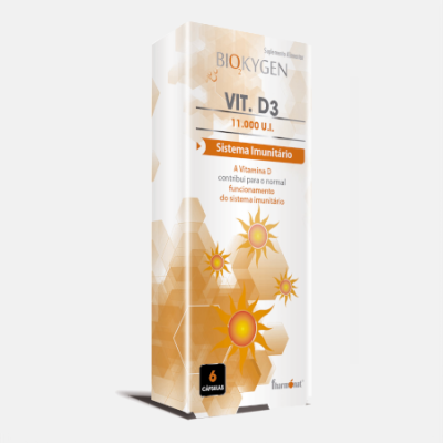 Embalagem do suplemento Vitamina D3 BIOXYGEN 11.000 U.I. com design branco e laranja e ícones solares