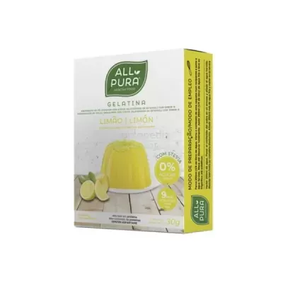 Caixa branca de gelatina de limão da marca ALL PURA com imagem de gelatina amarela e limões