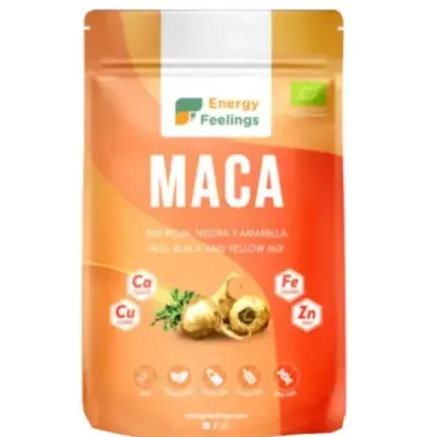 Embalagem de suplemento maca com design laranja e branco e texto em espanhol e inglês
