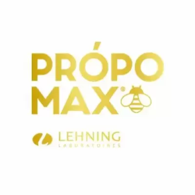 Logótipo dourado PRÓPO MAX com abelha e texto LEHNING LABORATOIRES