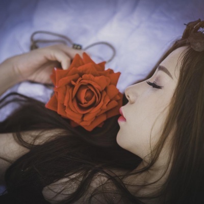 Rosa vermelha artificial com textura de veludo nas mãos de uma mulher sobre fundo branco