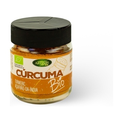 Frasco de cúrcuma bio em pó com tampa preta e etiqueta branca e laranja