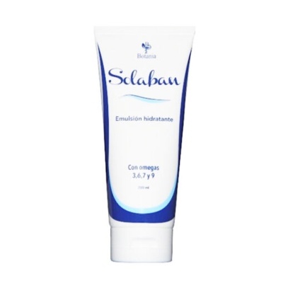 Tubo branco e azul de emulsão hidratante Solaban