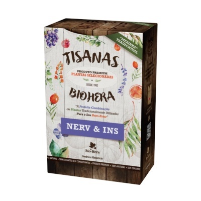 Caixa colorida de tisanas Biohera com design floral e texto em português