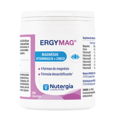 Frasco de suplemento alimentar ERGYMAG com magnésio, vitaminas B e zinco