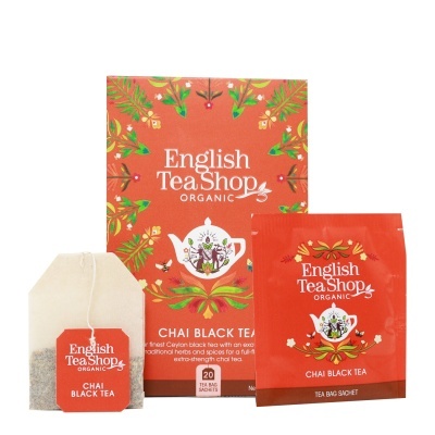 Caixa e saquetas de chá orgânico English Tea Shop Chai Black Tea