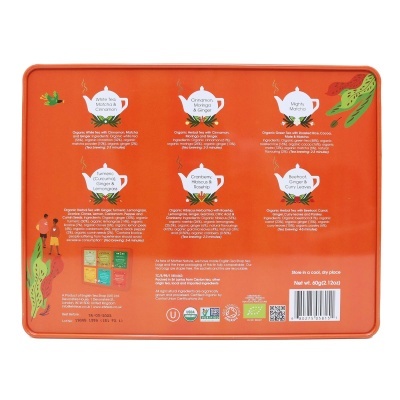 Caixa metálica vermelha com texto e ilustrações de bules de chá